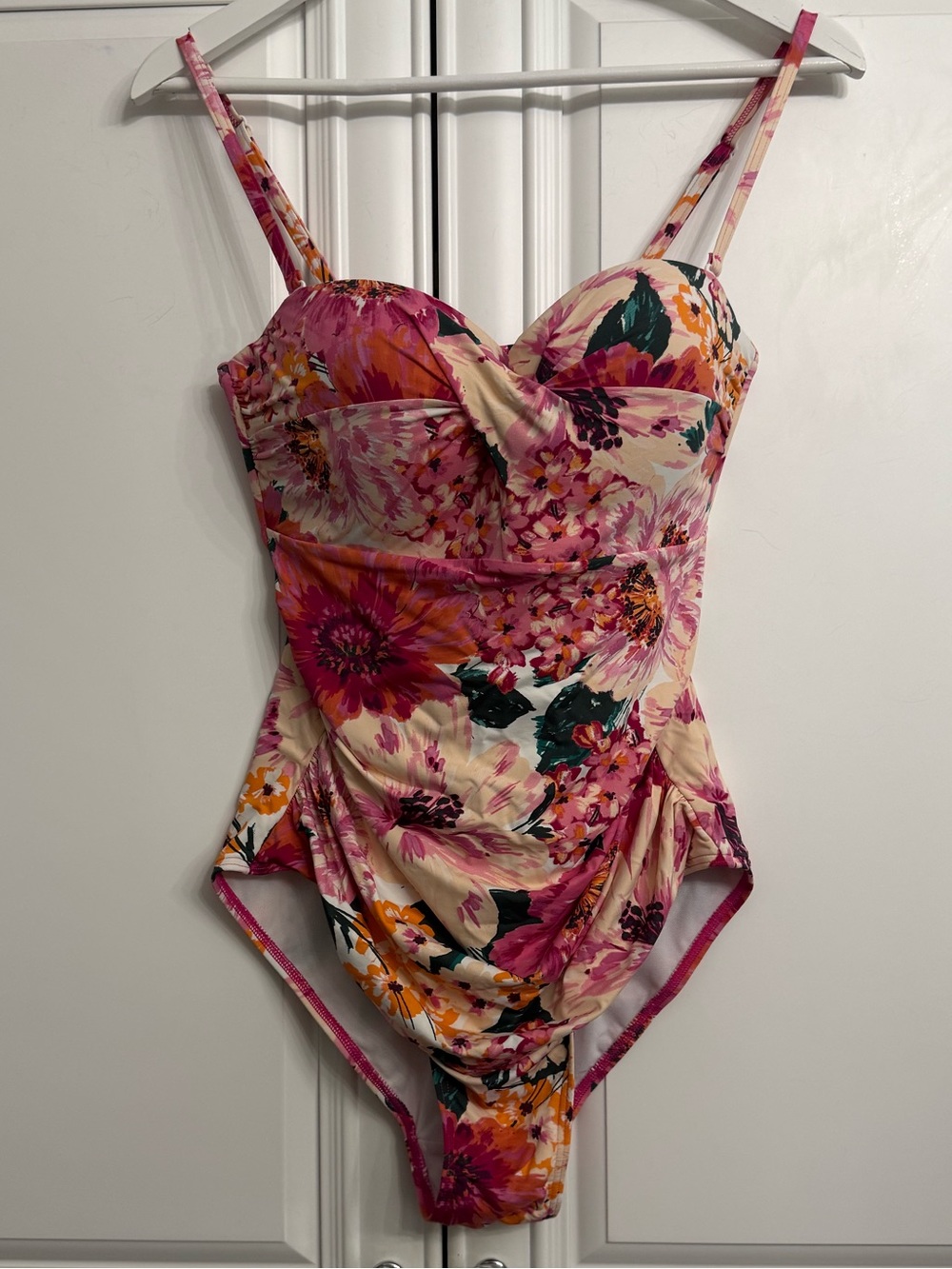 Moontide Size 12 Floral Twist-Front One-Piece Swimsuit in Pink, Cream Orange
